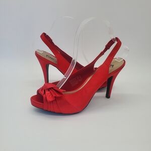 ◇◇ Fioni Night Red Satin Peep Toe Slingback High Heels Size 8